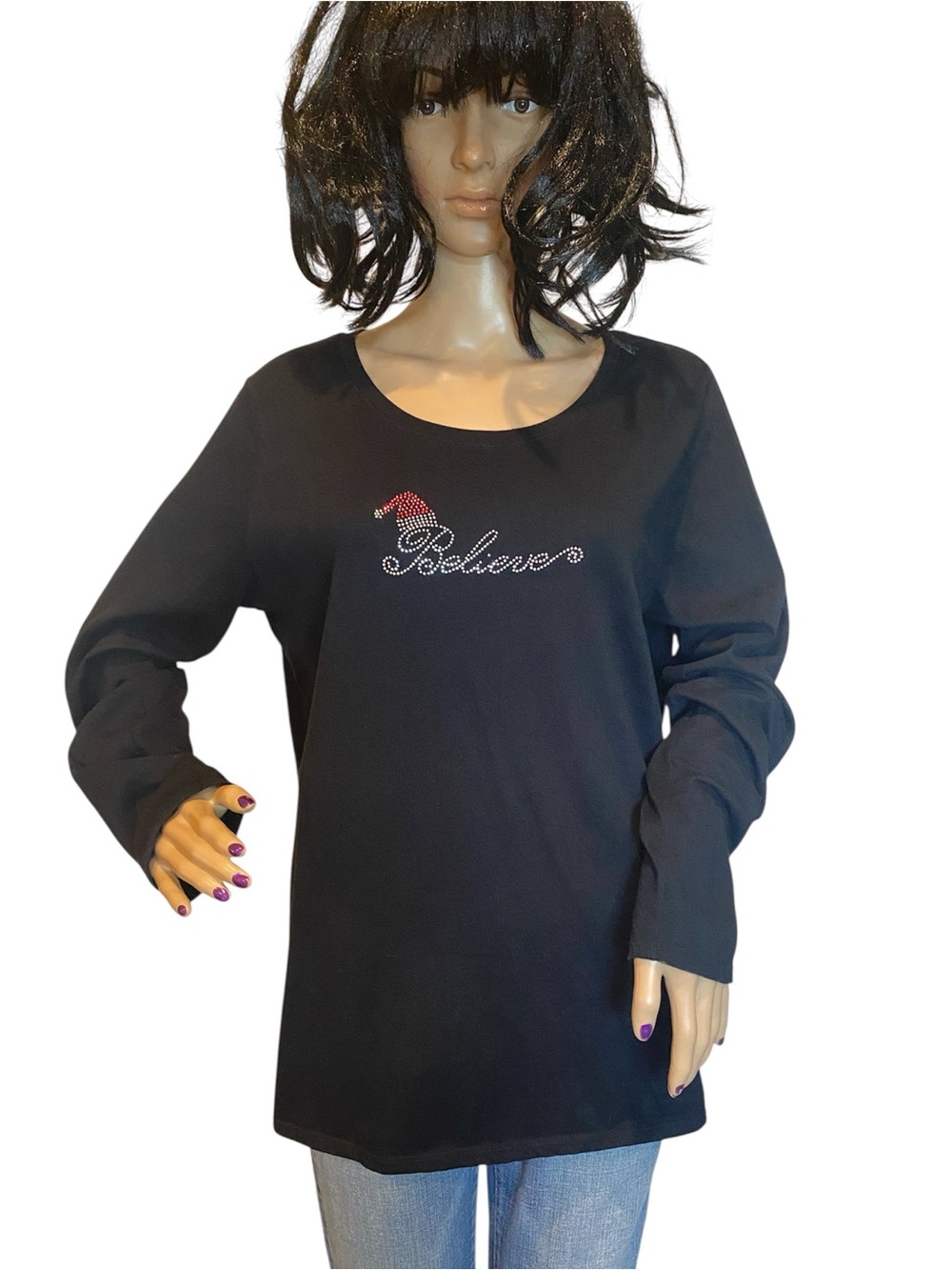 Christmas Holiday Embellished Tee Shirt Top "Believe" Crystals Plus Size XXL VGC
